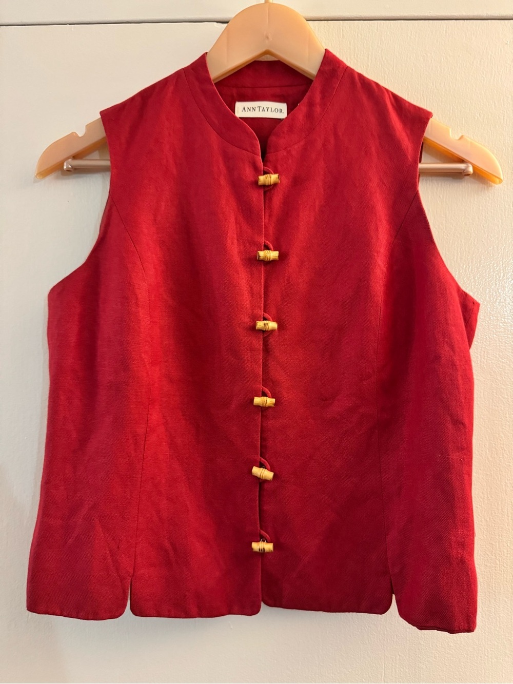 RARE Vintage Ann Taylor Sleeveless Linen Red Mandarin Collar Vest Size 2
